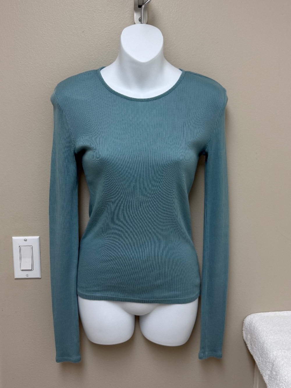 NEW! Women's Vince Ribbed Pima Cotton Long Sleeve Top Jade Sea Size Small $145
